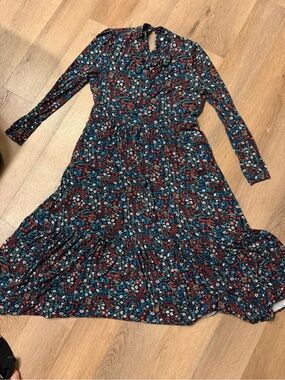Boden Teal Floral Tiered Long Sleeve Dress with Red Accents